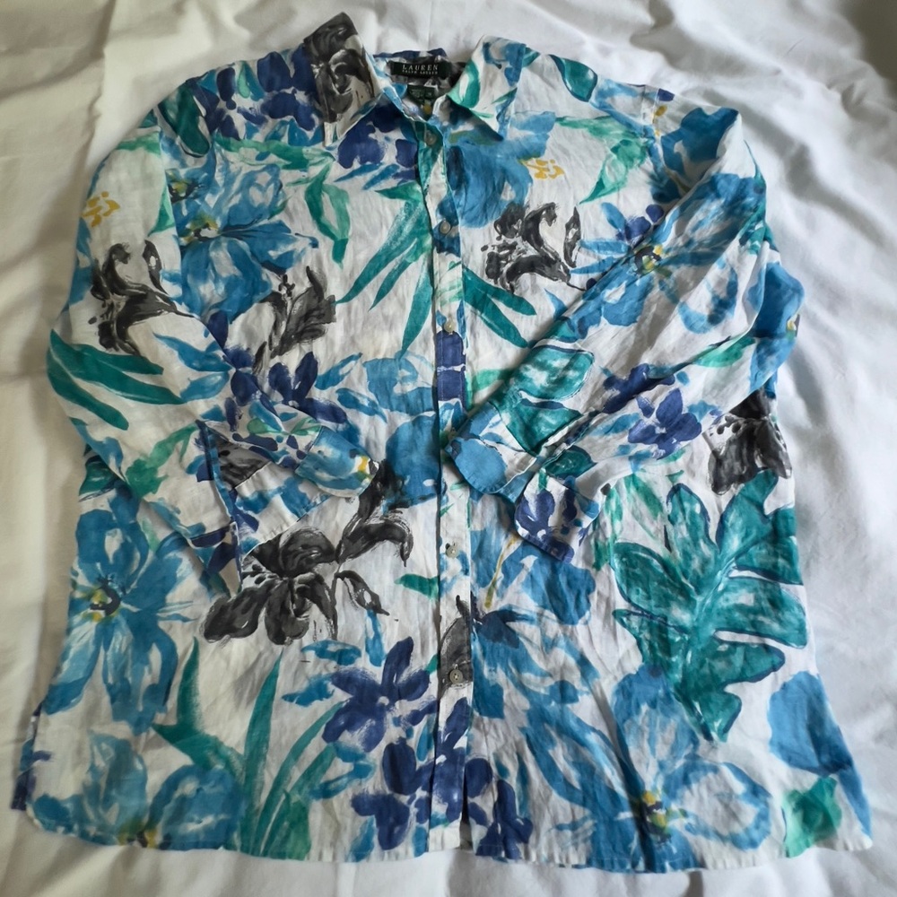 Ralph Lauren Women’s Turquoise Blue and Green Floral 100% Linen Shirt Size 1X